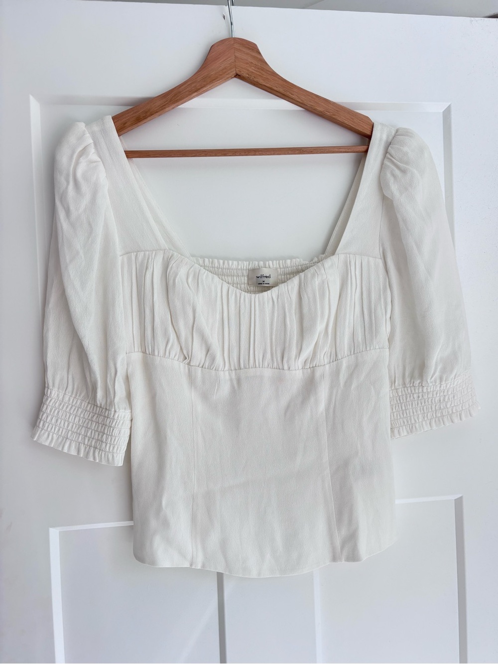 Wilfred Aritzia White Square Neck Puff Sleeve Cropped Blouse Top coquette Sz M